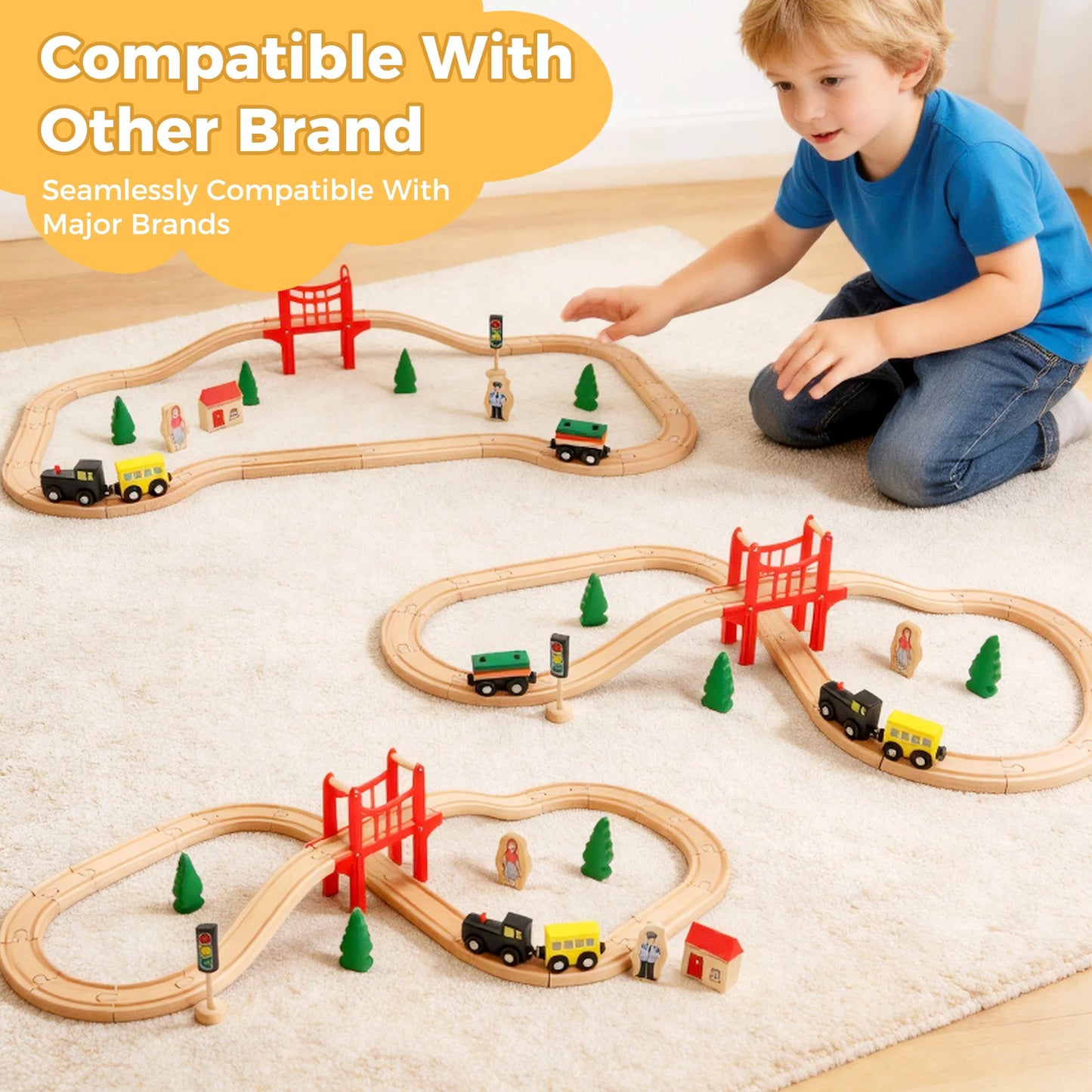 Wooden Train Set for Toddler, 39 Pcs Wooden Train Track Fits Thomas,  Expandable