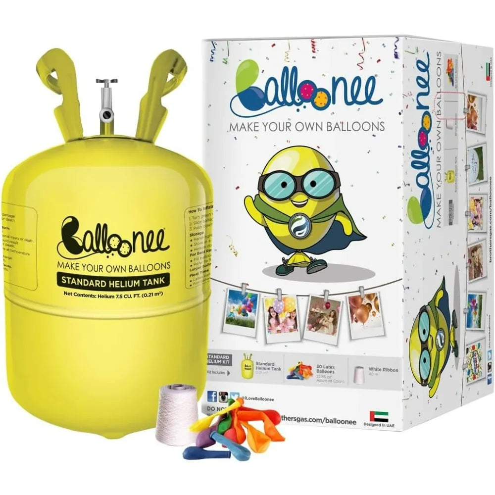 Balloonee Standard Disposable Helium Tank 7.5 Cu Ft - 30 Assorted Latex Balloons Pump Kit for Home Birthday Party Celebrations