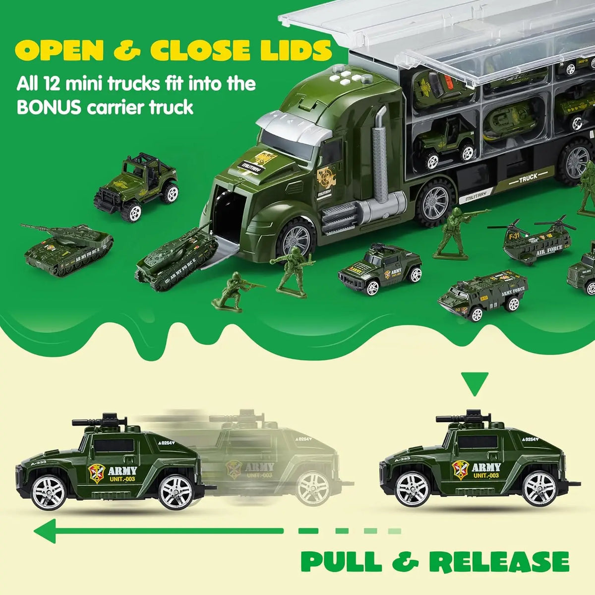 25 in 1 Green Military Big Truck Toys Army Men Tanks Set with Soldier Men Battle Car Toy in Carrier Truck for Boys Gifts