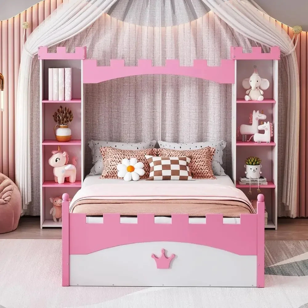 Castle-Style Storage Twin Bed for Kids, Toddlers, and Adults - Dreamy White & Pink Bedroom Furniture