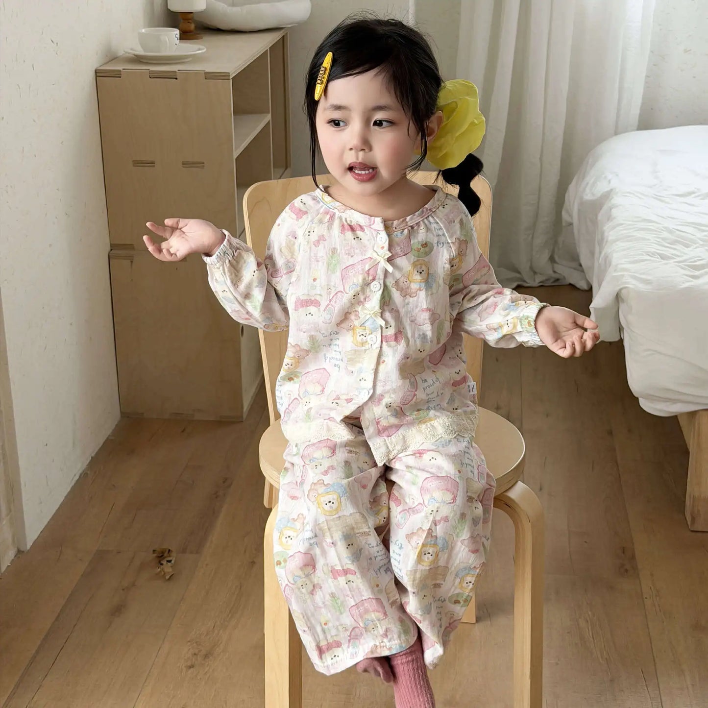 Boys Girls Cute Cartoon Print Pajamas Homewear Long Sleeve Lapel Sleepwear Kids Spring Summer Casual Clothing Sets Pyjamas