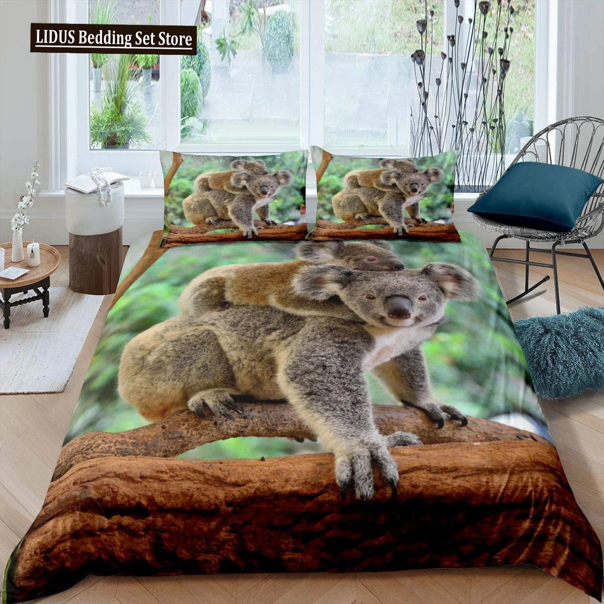 Koala Duvet Cover Set Children Cute Animal Print Bedding Set,Boys Girls Rainbow Butterfly Comforter Cover Floral Flowers Bed Set