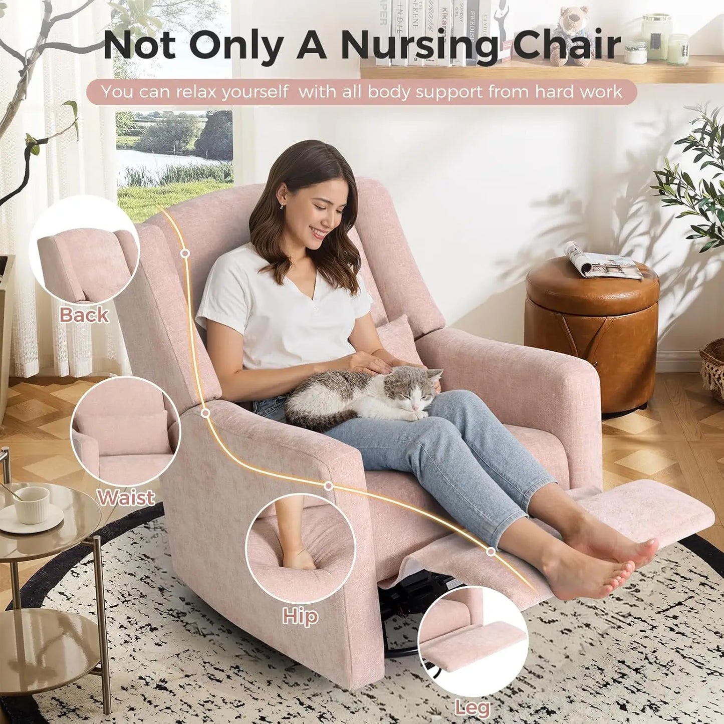 270° Swivel Nursery Rocking Recliner with Waist Pillow USB Port Comfy Glider for Living Room Bedroom, Customized