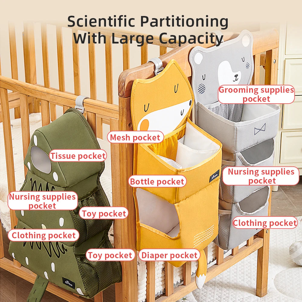 Cartoon Baby Crib Hanging Storage Bag, Multi-functional Organizer for Baby Supplies Baby Room Decor