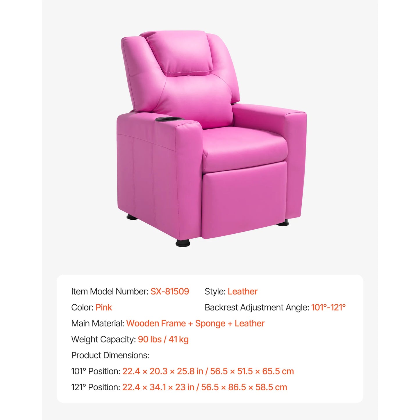 Kids Reclining Chair Toddler Recliner with Cup Holders and Pockets 107° to 126° Adjustable Backrest for Boys & Girls