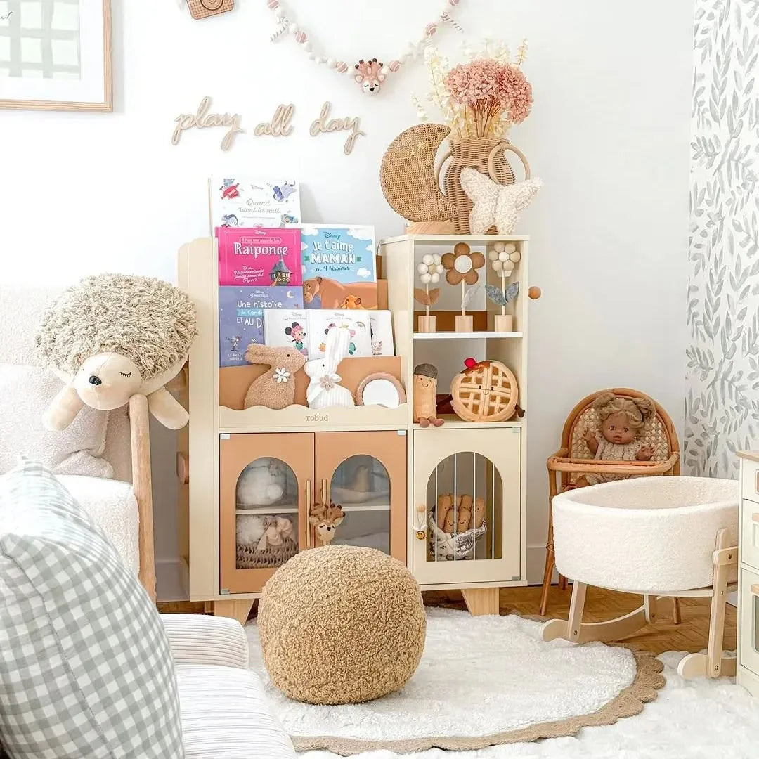 Kids Wooden Bookshelf All-in-1 Kids Toy Storage Organizer 6 Cubby Bookcases Toy Chest Finish Space-Saving Caramel