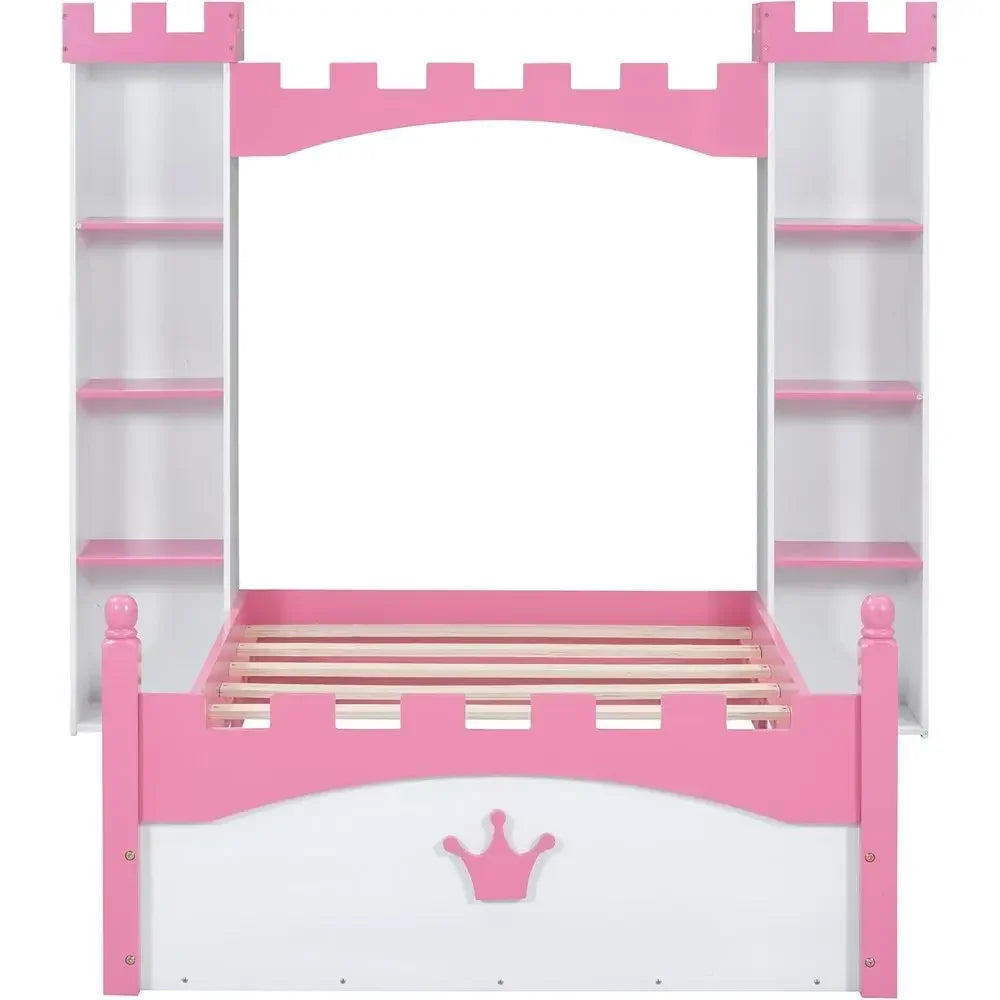 Castle-Style Storage Twin Bed for Kids, Toddlers, and Adults - Dreamy White & Pink Bedroom Furniture