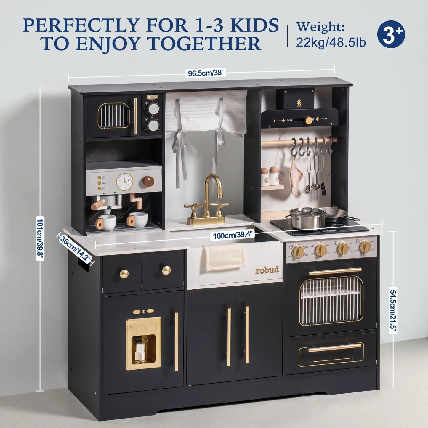 Play Kitchen Wooden with Wash basin Cookware Accessories Microwave Toy Kitchen Gift for Boys Girls 3+ Black White