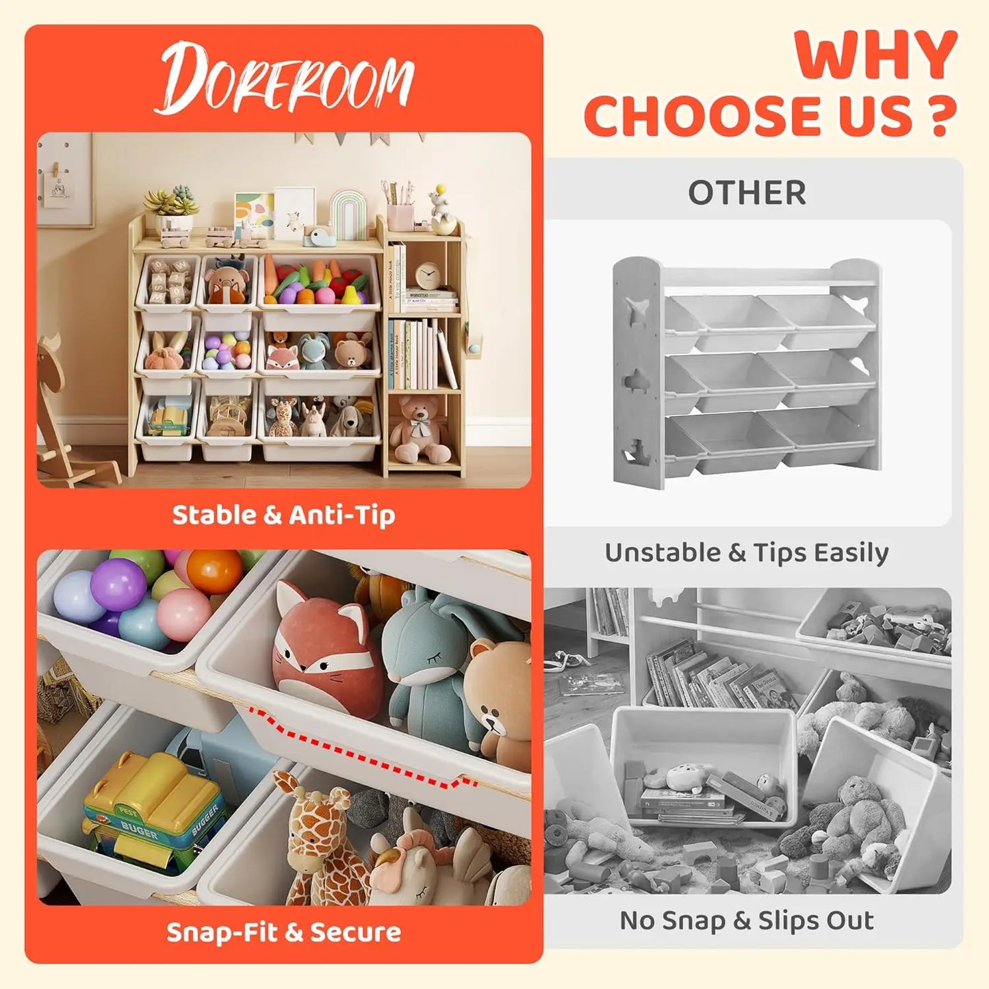 Toy Storage Organizer with Bookshelf, Kids Toy Storage and Organizers with 3 Shelves/9 Bins/3 Hooks, Bin Shelf, Toy, Customized