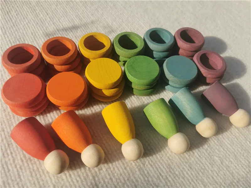 Kids Wooden Toys Beech Rainbow Coins and Rings Stacking Blocks with Peg Dolls Loose Parts