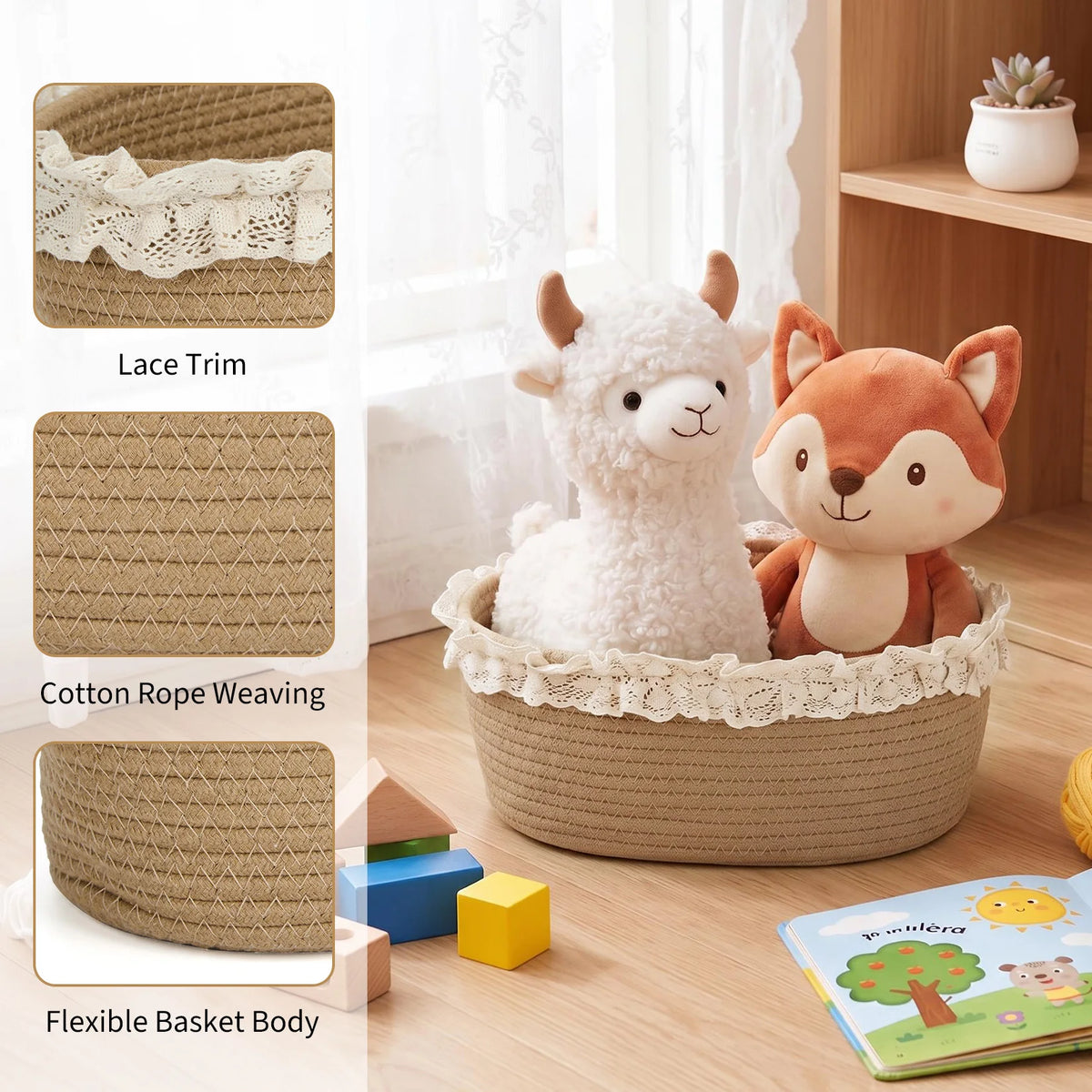`4 Pack Cotton Rope Storage Baskets with Lace Trim, Woven Oval Organizer Bins with Gift Bags for Home Decor Baby Shower Gifts`
