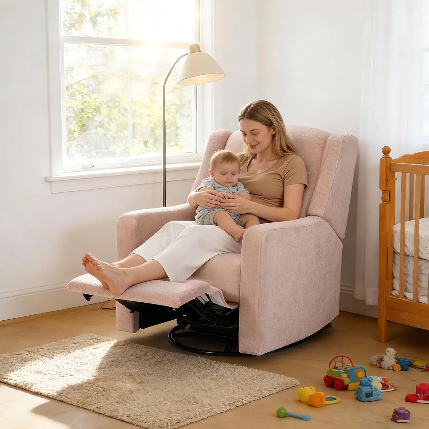 270° Swivel Nursery Rocking Recliner with Waist Pillow USB Port Comfy Glider for Living Room Bedroom, Customized