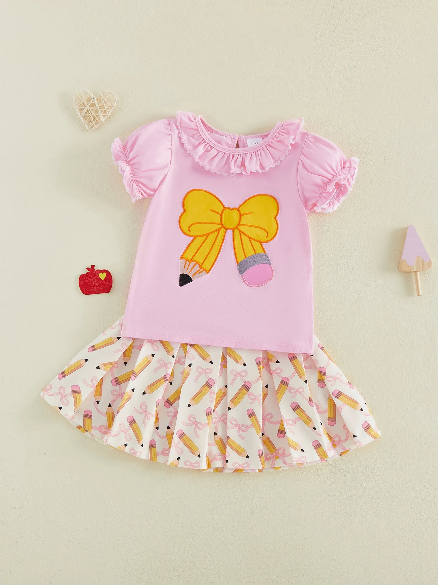 Girls Back to School Outfit Floral Print Ruffle Sleeve Blouse Denim Skirt 2 Piece Set with Bow Detail