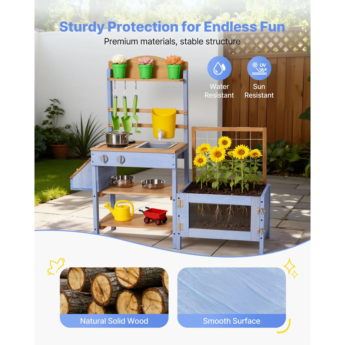 Mud Kitchen Wood Play Kitchens with Planting Box Critter Catcher Container Sink Cookware Pots and Accessories for Yard