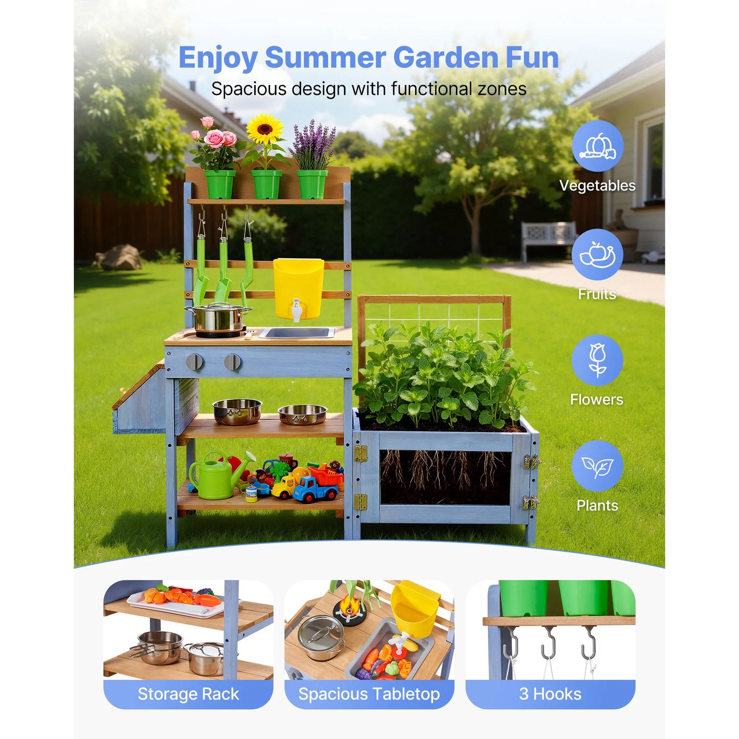 Mud Kitchen Wood Play Kitchens with Planting Box Critter Catcher Container Sink Cookware Pots and Accessories for Yard