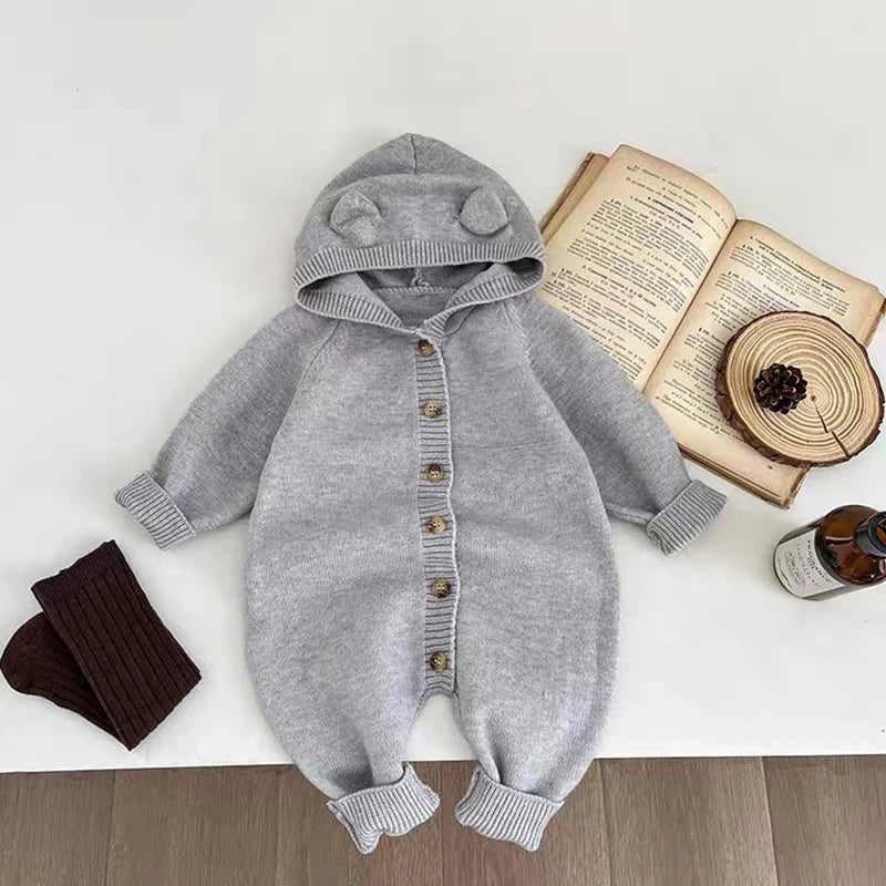 New Autumn Baby Romper Knitted Newborn Girls Jumpsuit Outfit Hooded Toddler Children Clothing Cartoon Bear Ears Knitted Clothing