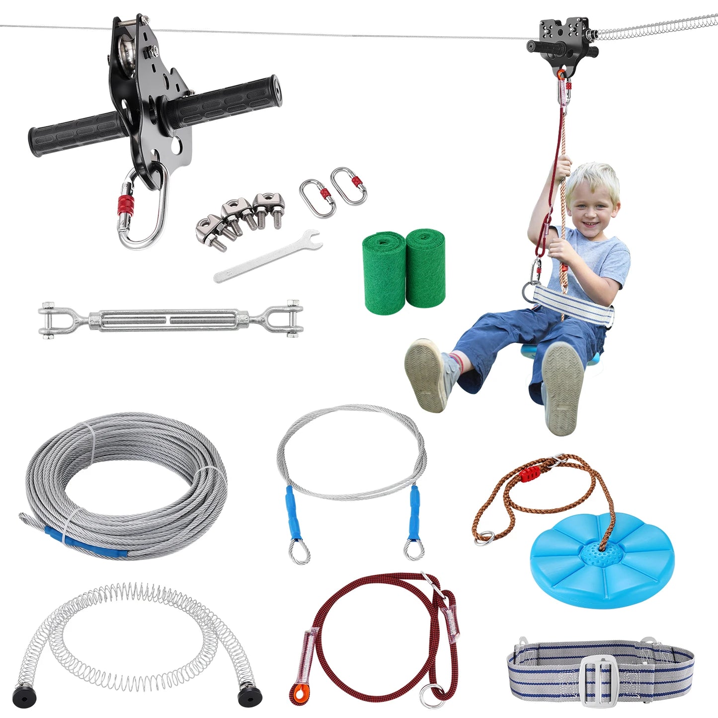 Zipline Kit for Kids Adult 160ft Zip Line Kits Up to 500 lbs with Stainless Steel Zipline Spring Brake Safety Harness