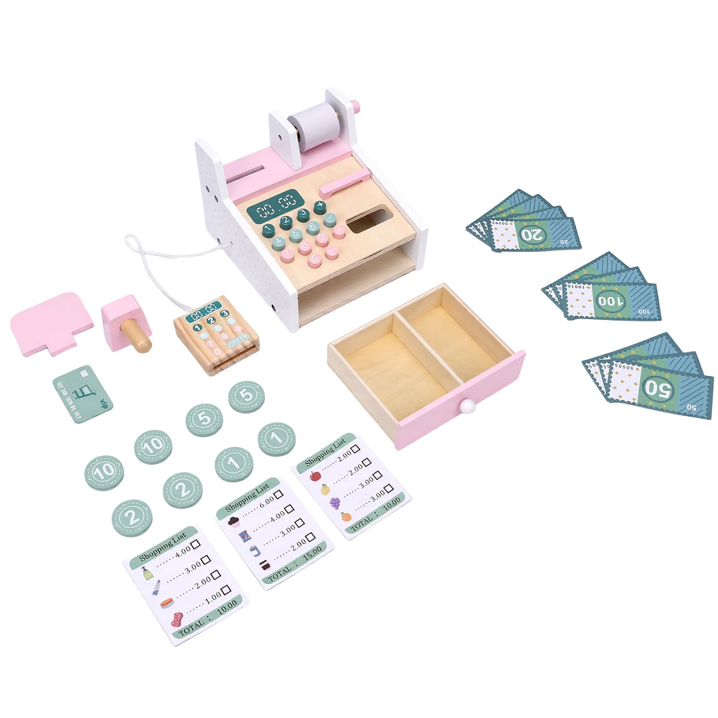 Wooden  Cash Register with Scanner Math Learning Role Play Cashier Game Set for Kids Pink Wooden Store Cash Register