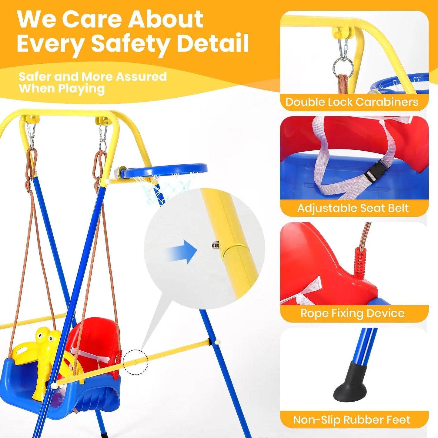 Toddler Swing Set Kids Playground Equipment Collapsible Metal Frame with Basketball Hoop Safety Belt Indoor Outdoor Toy for 6M+
