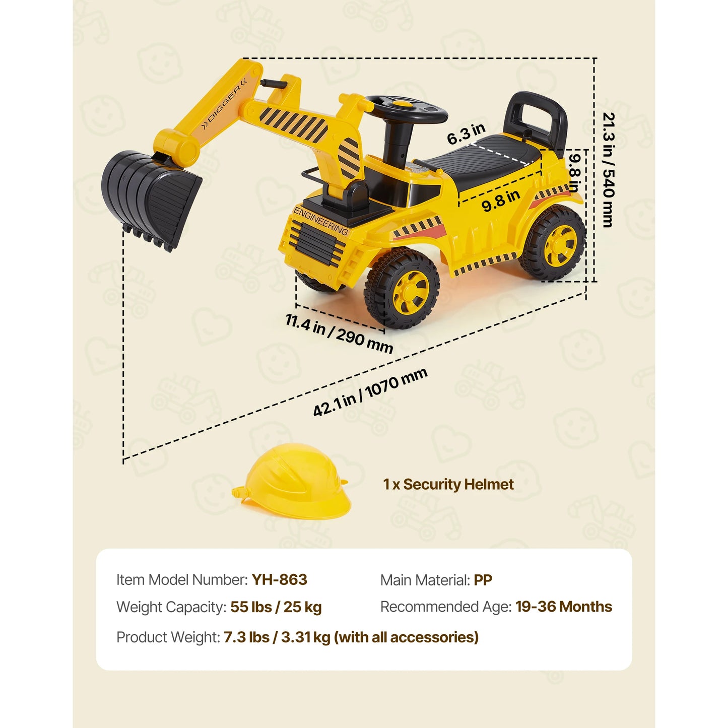 SucceBuy Excavator Digger Toy Ride On Toddler Car with Helmet & Music Foot-to-Floor Walker for Kids Children Birthday Gifts