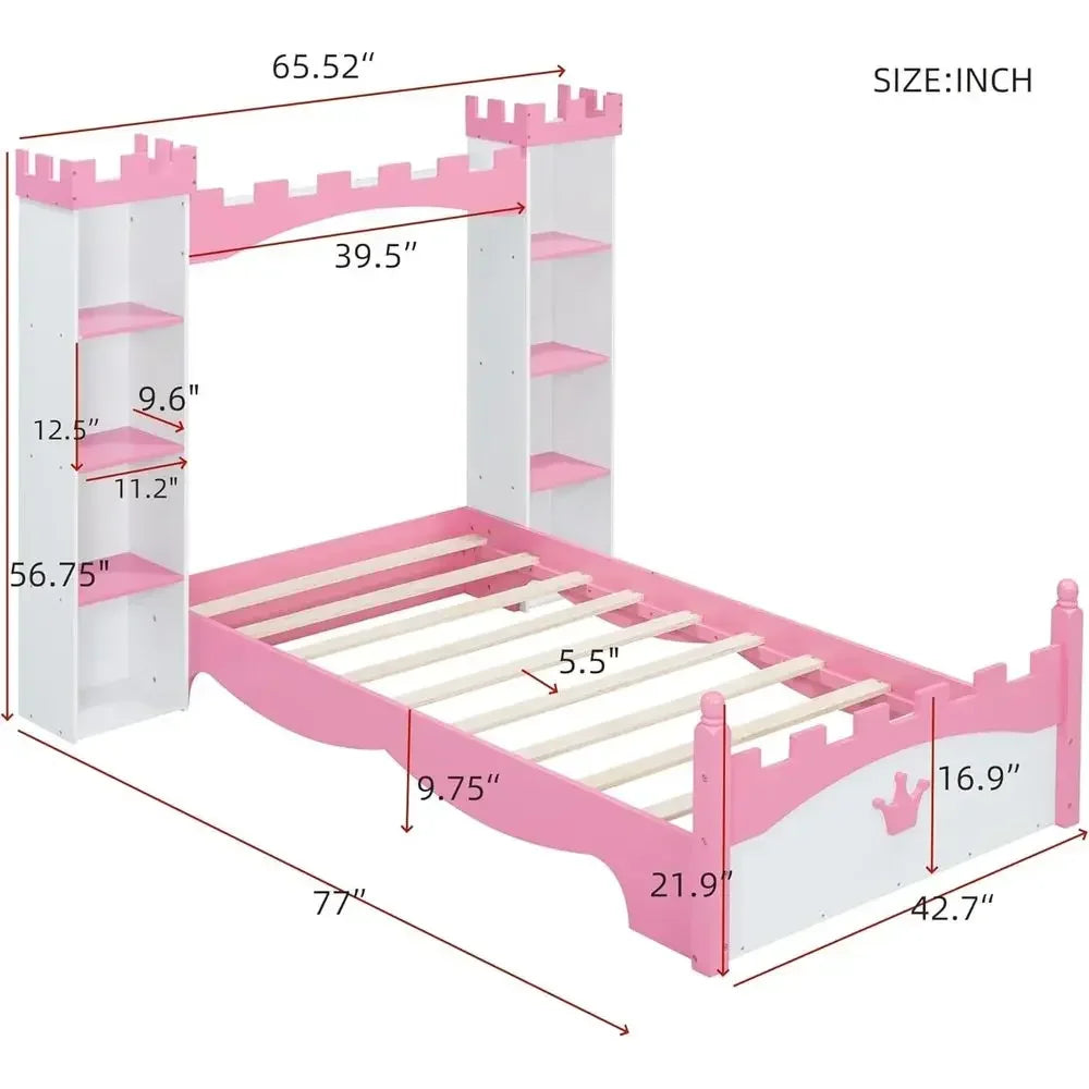 Castle-Style Storage Twin Bed for Kids, Toddlers, and Adults - Dreamy White & Pink Bedroom Furniture