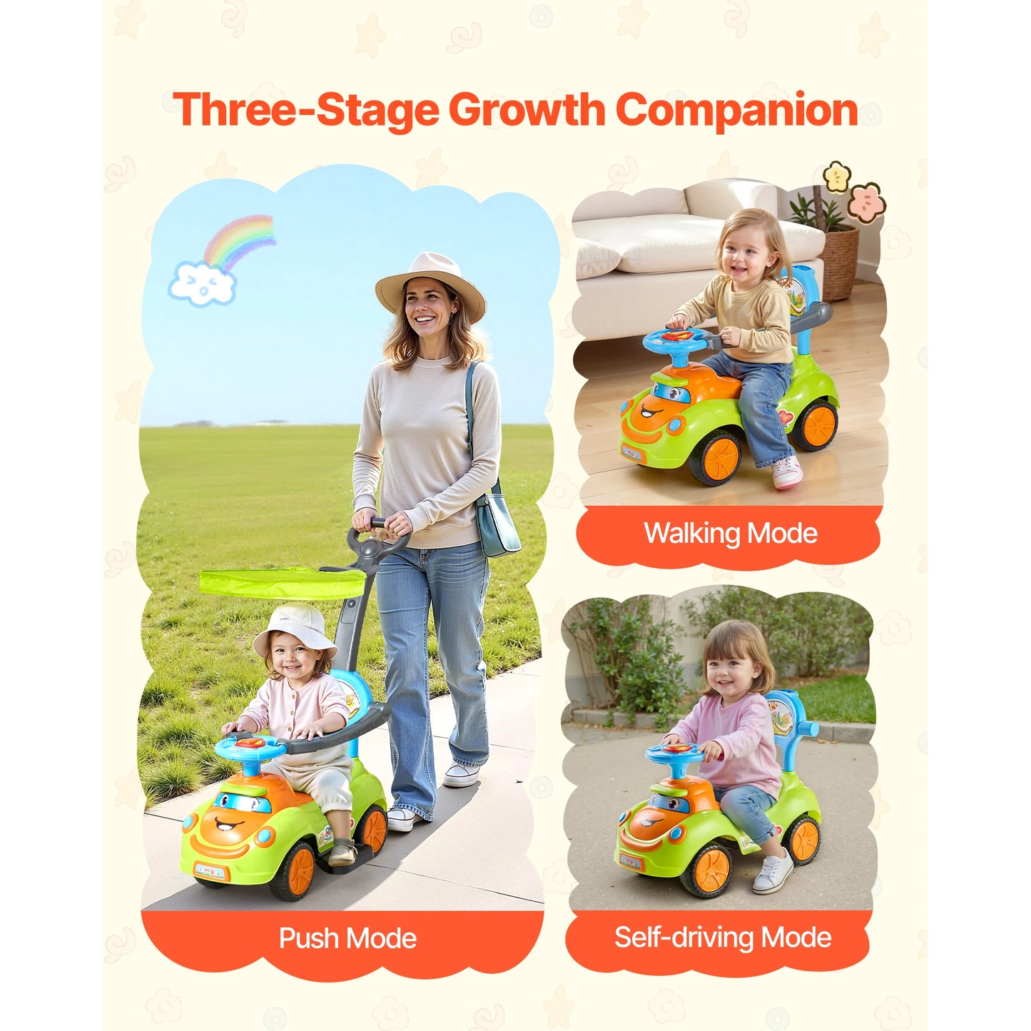 55 lbs Ride On Push Car with Guardrails Handle & Under-seat Storage Foot-to-Floor Walker Around Buggy for Boys Girls