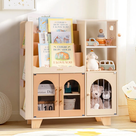 Kids Wooden Bookshelf All-in-1 Kids Toy Storage Organizer 6 Cubby Bookcases Toy Chest Finish Space-Saving Caramel