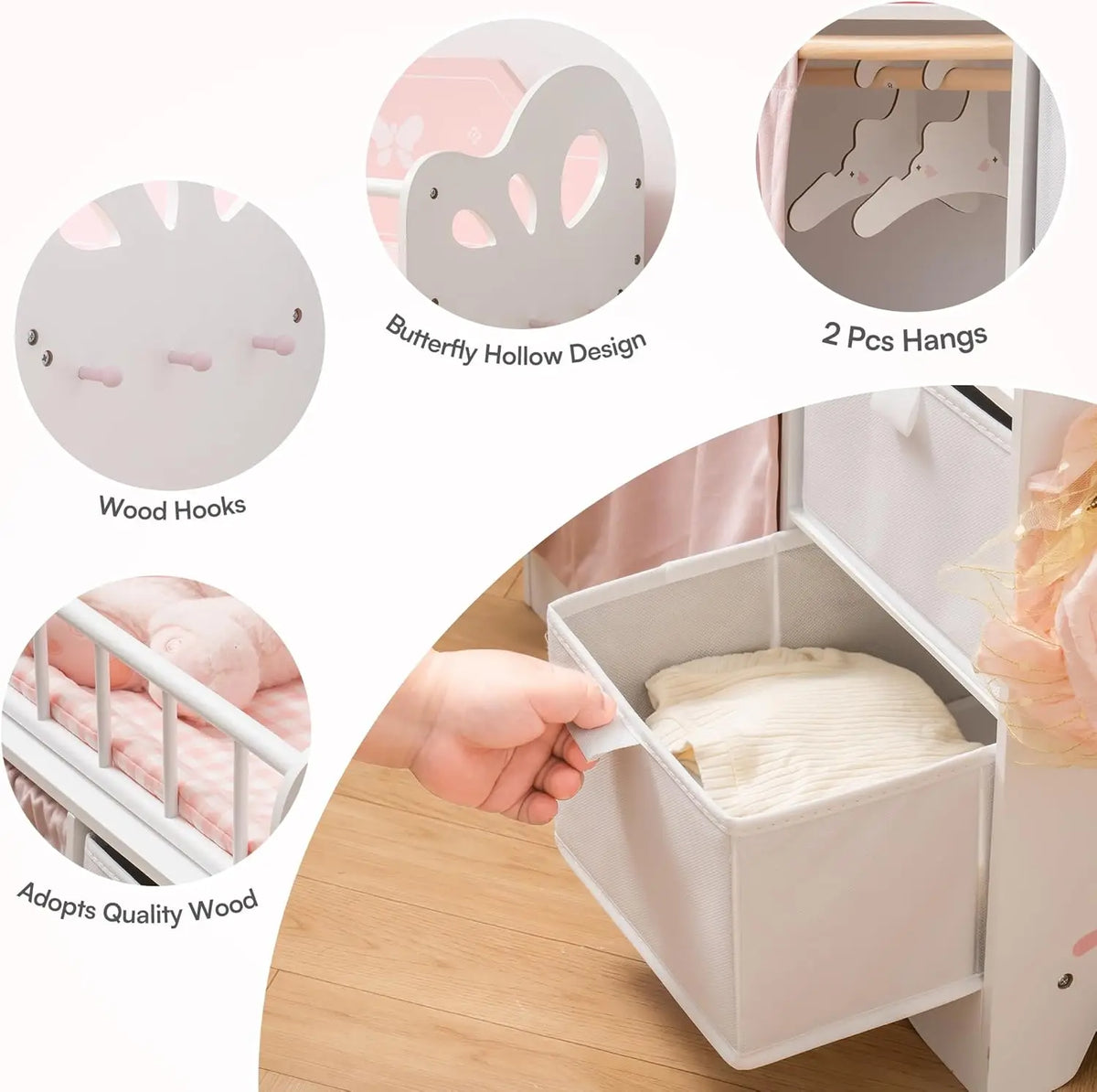 Baby Doll Crib Wooden Toy Baby Crib with Storage Bedding Wooden Hooks Doll Crib Fits Dolls up to 21" for Girls 3+ Pink