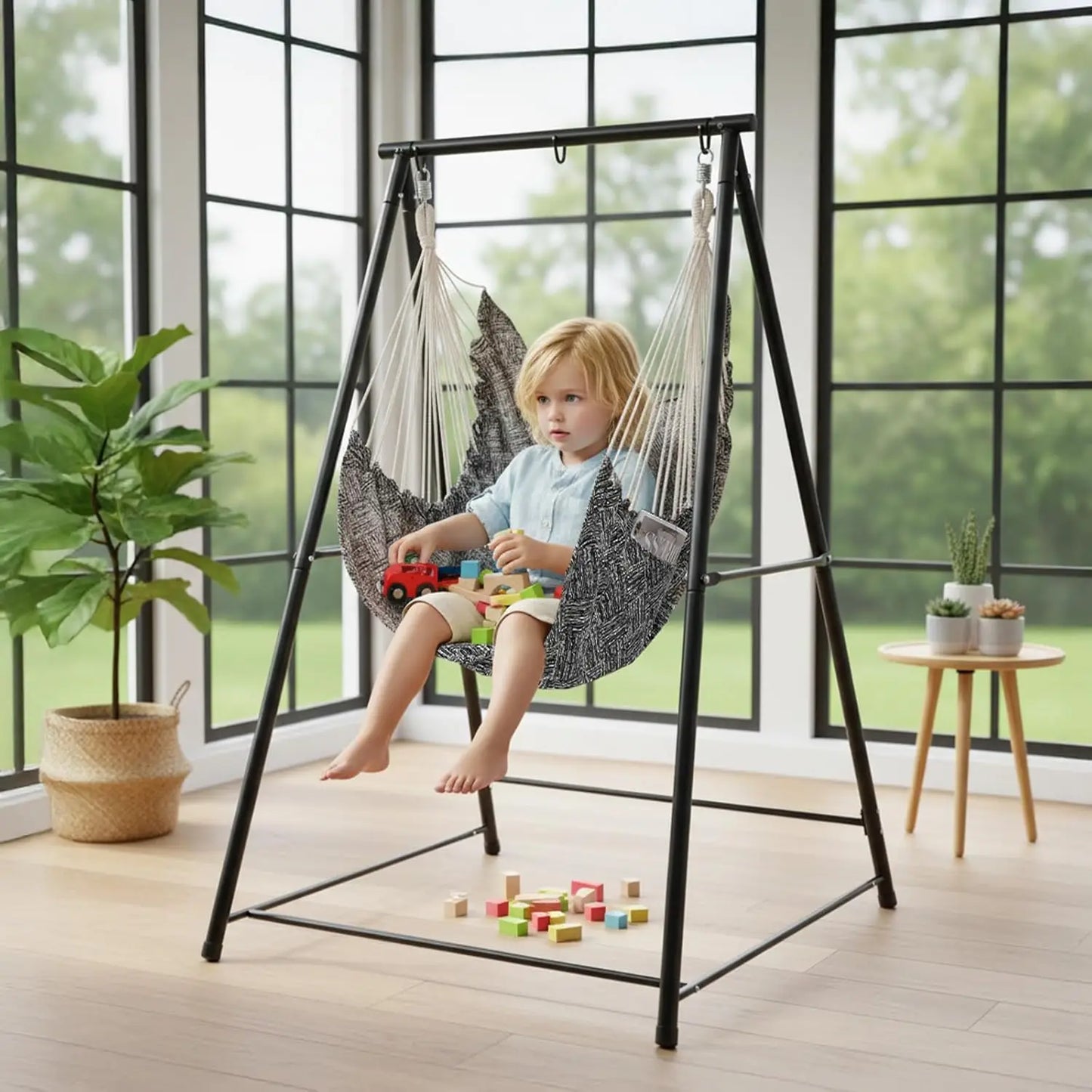 Portable 112x113x180cm Steel Hammock Chair Stand with Swing Seat for Indoor Bedroom Patio Balcony Garden, Customized