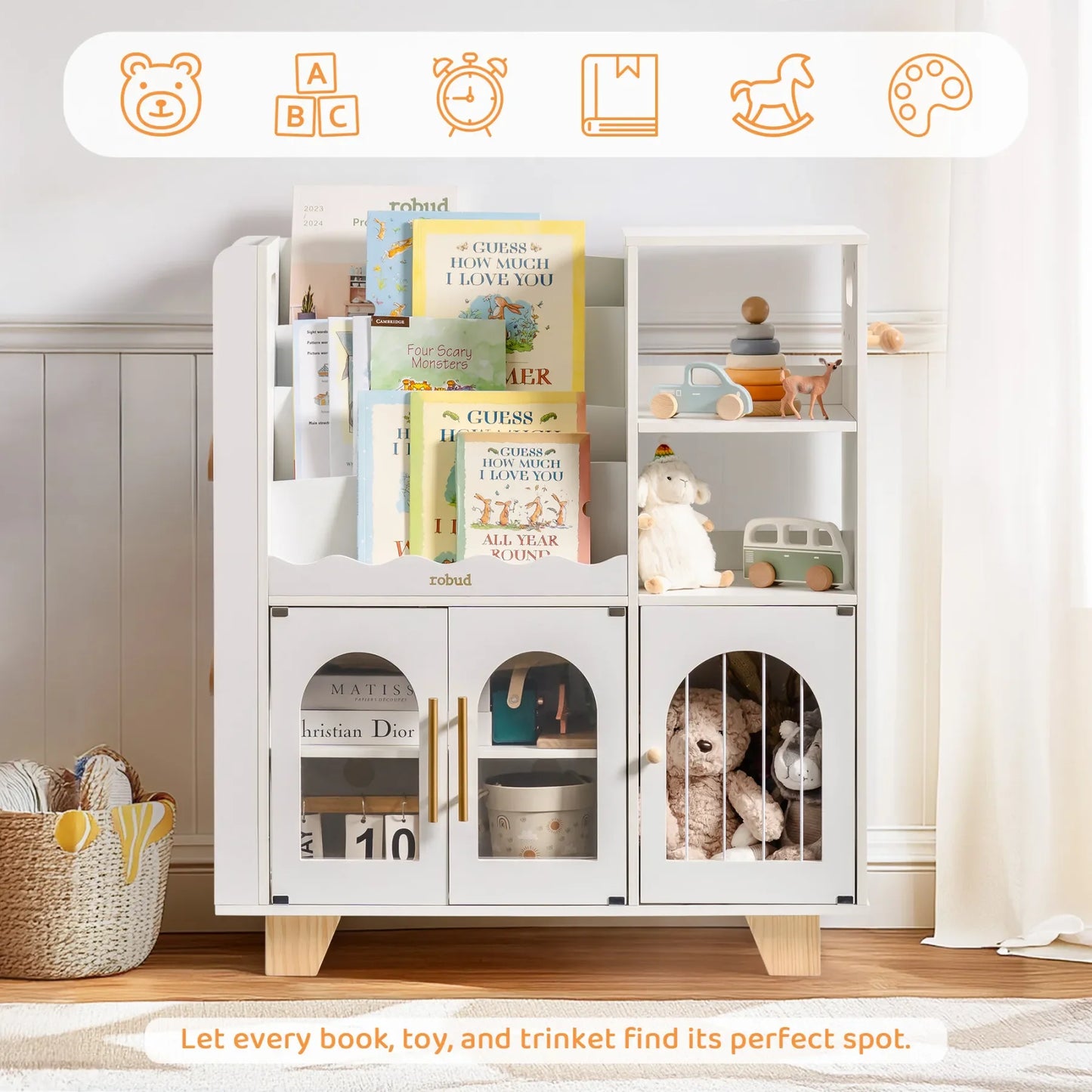 Kids Wooden Bookshelf All-in-1 Kids Toy Storage Organizer 6 Cubby Bookcases Toy Chest Finish Space-Saving Caramel