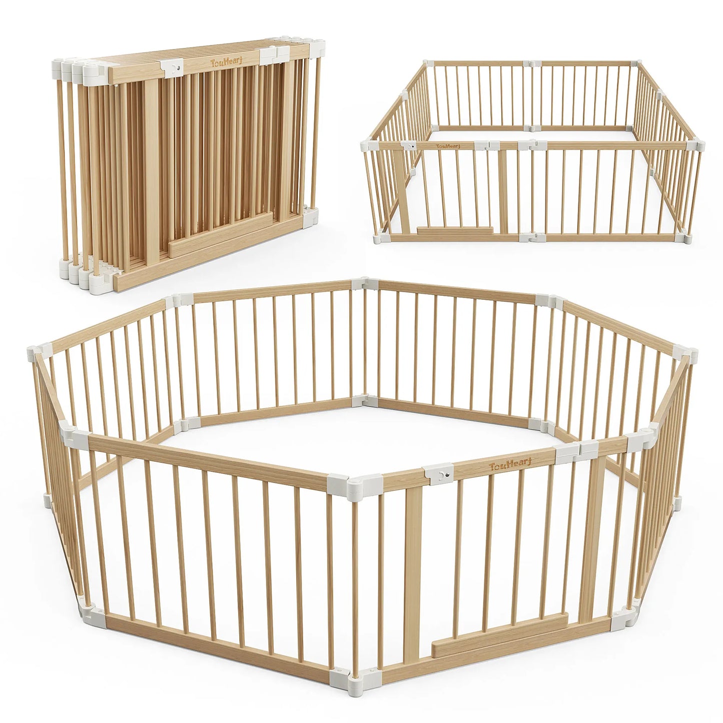 TouHeart Wooden Playpen for Baby & Toddlers, Foldable Large Baby Safe Play Fence Yards With Gate, 8 Panels/ 10 Panels