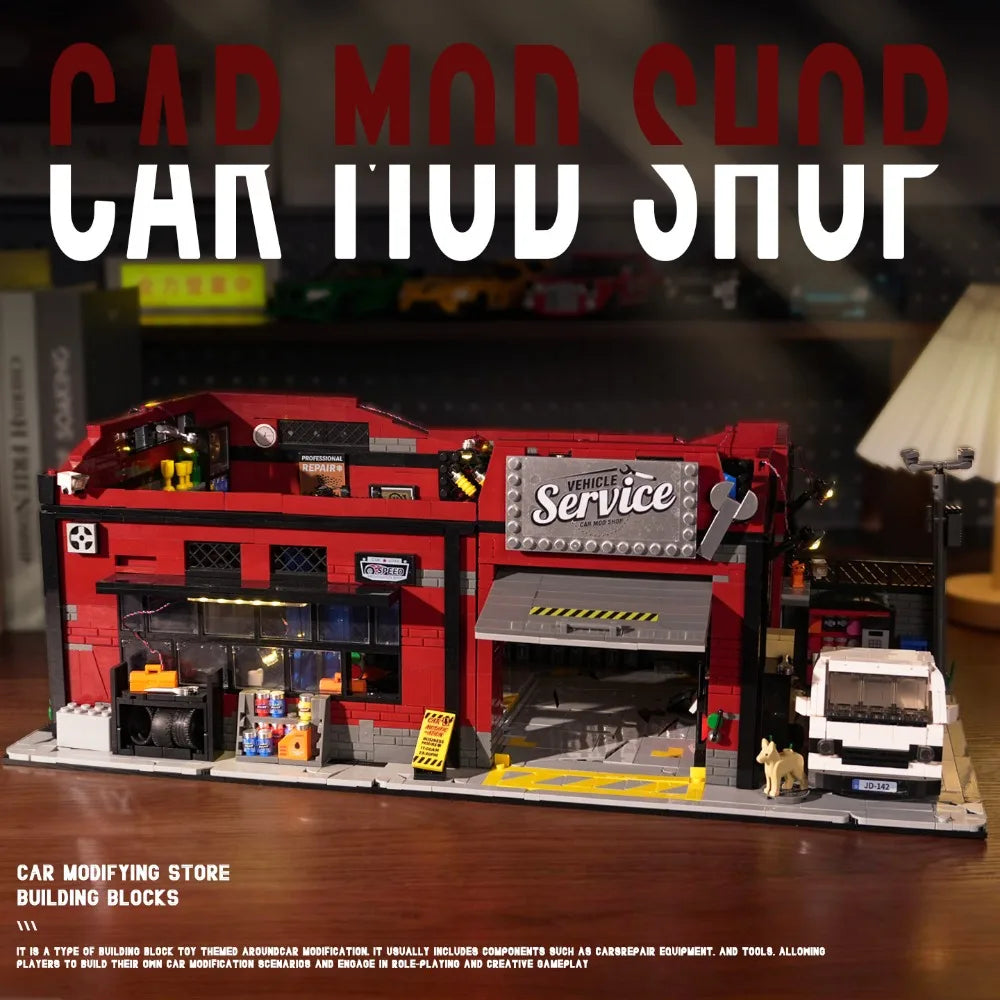 2819PCS Vehicle Service Car Mod Shop Building Blocks Set Retro Garage Street View Construction Bricks Model Kit with Truck and Dog Details DIY Assembly Toys for Adults Ideal Birthday Holiday Gift Home Office Decoration Orname