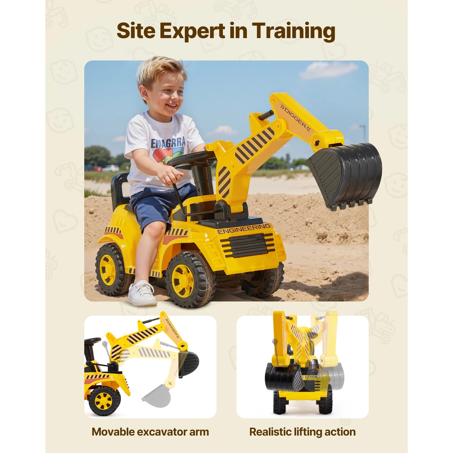 SucceBuy Excavator Digger Toy Ride On Toddler Car with Helmet & Music Foot-to-Floor Walker for Kids Children Birthday Gifts