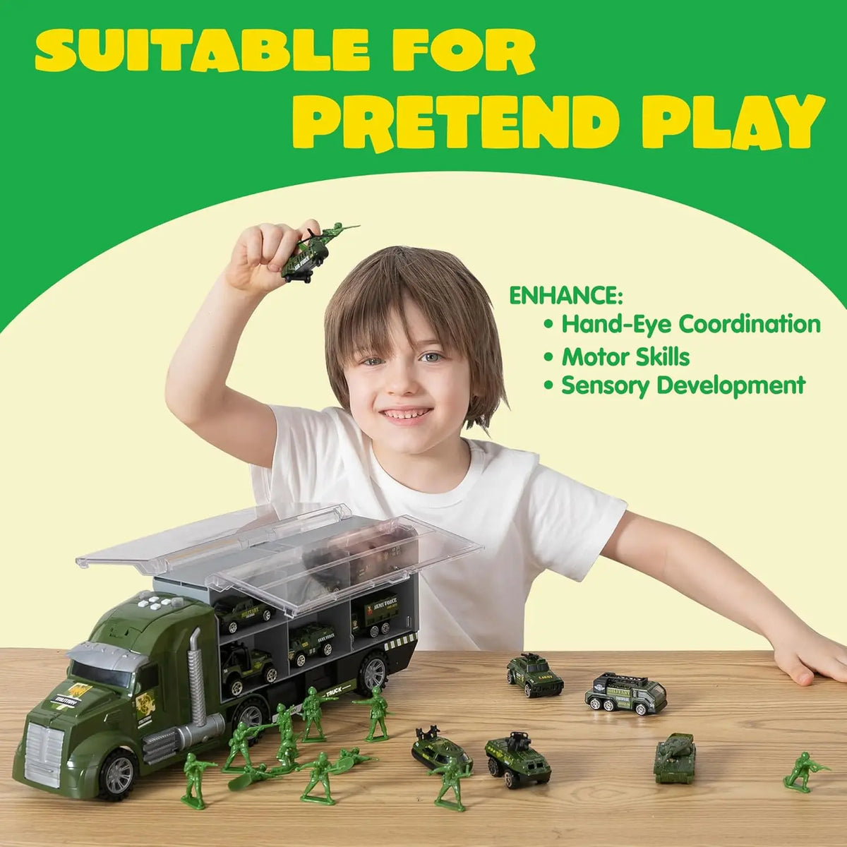 25 in 1 Green Military Big Truck Toys Army Men Tanks Set with Soldier Men Battle Car Toy in Carrier Truck for Boys Gifts
