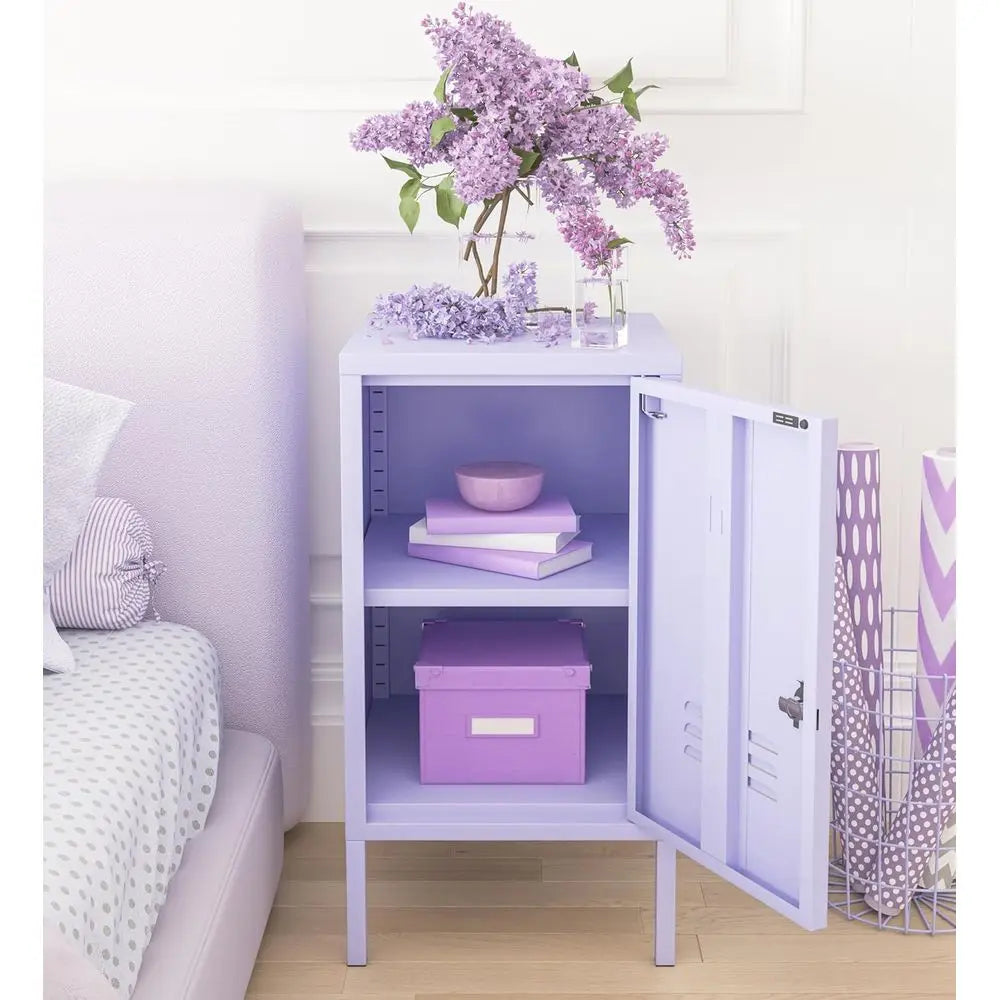 Single Door Lockable Metal End Table with Storage Cabinet, 2-Tier Children's Nightstand with Adjustable Shelf, Easy Assembly Sid