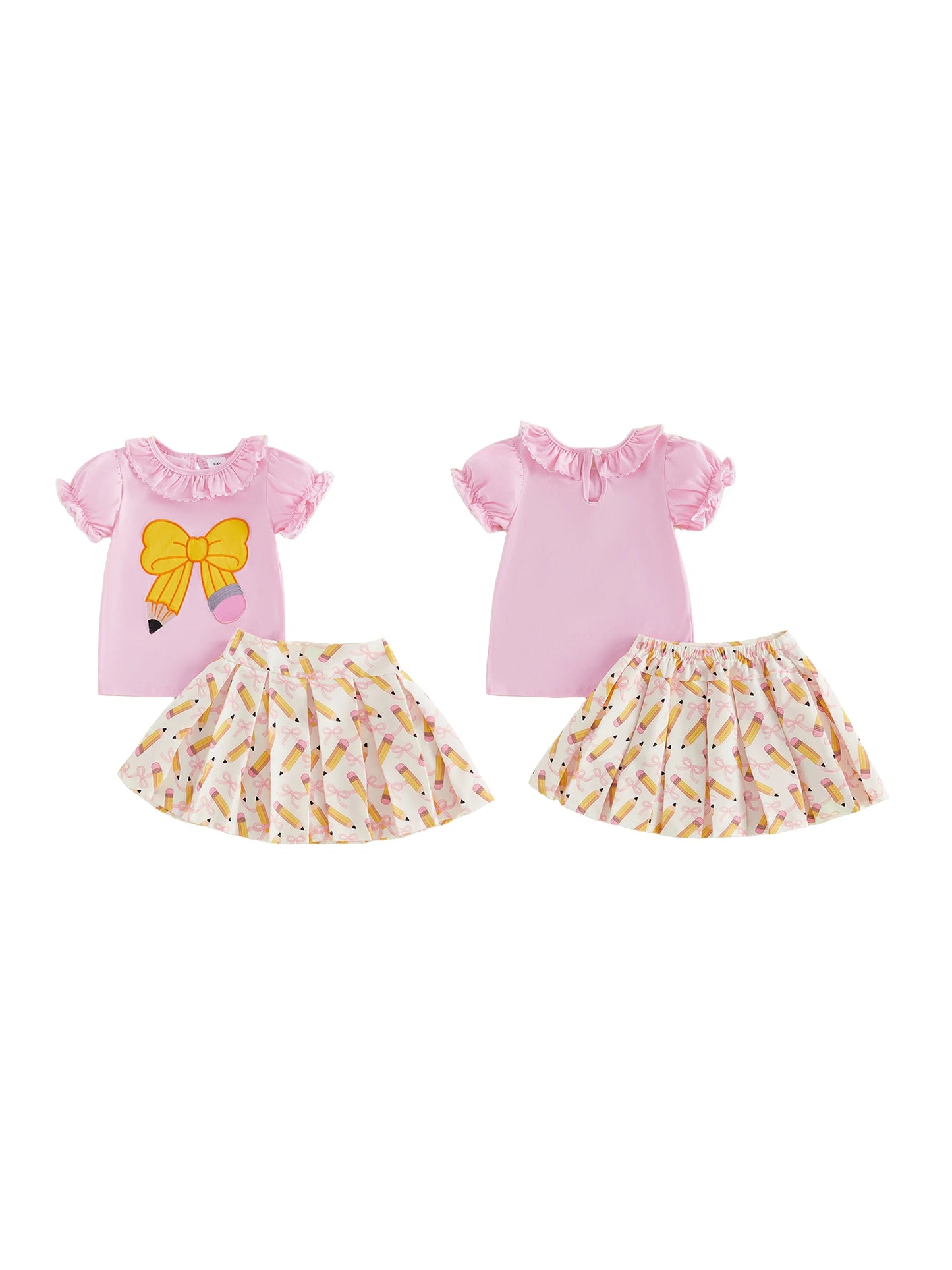 Girls Back to School Outfit Floral Print Ruffle Sleeve Blouse Denim Skirt 2 Piece Set with Bow Detail