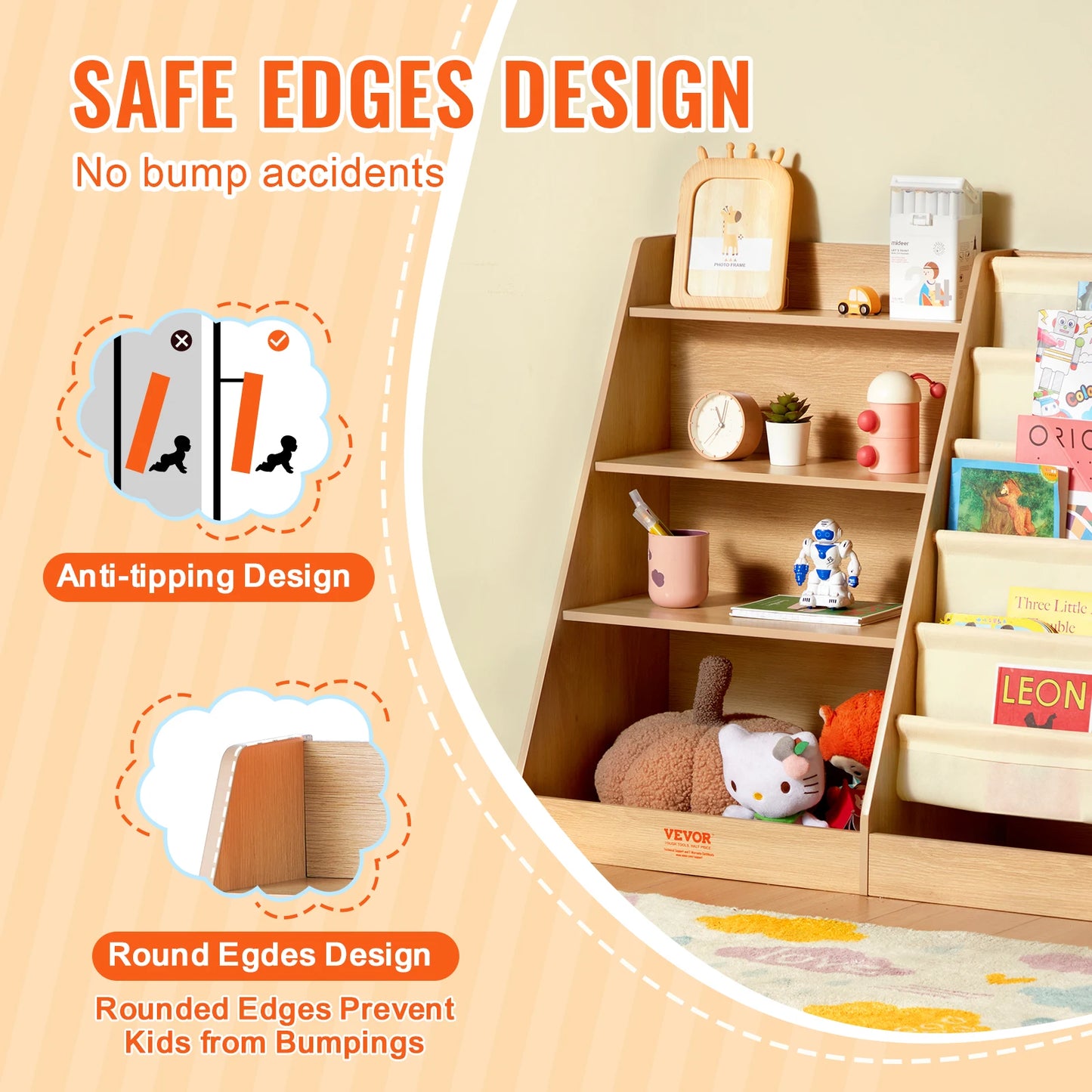 4-Tier Kids Wooden Bookshelf Six-Layer Sling Bookcase  Storage Book Rack for Kids Room Playroom Kindergarten Nursery
