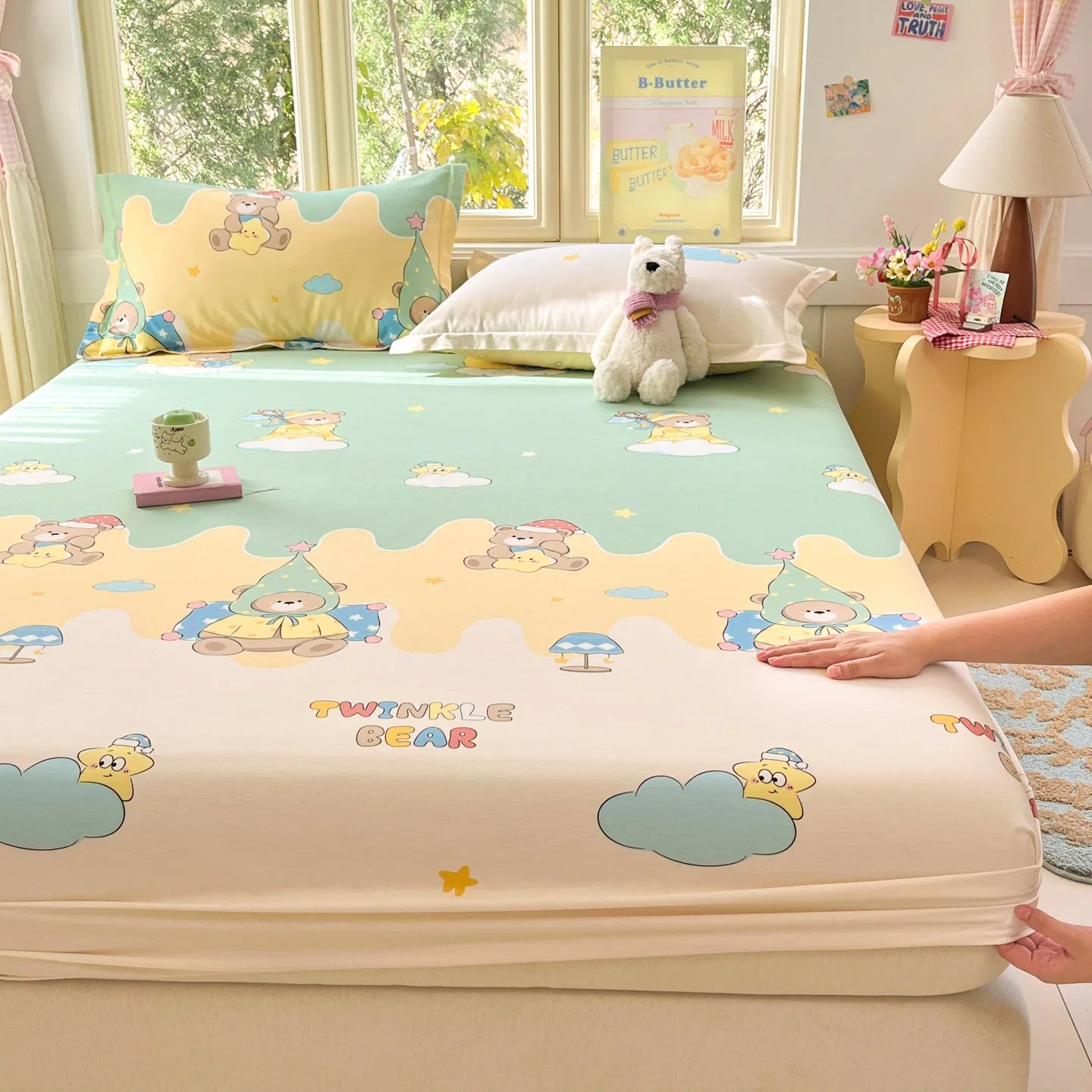 Cartoon Space Astronaut Fitted Sheet 100% Cotton Mattress Cover for Adults Kids Deep Pocket Elastic Bed Sheets and Pillowcases