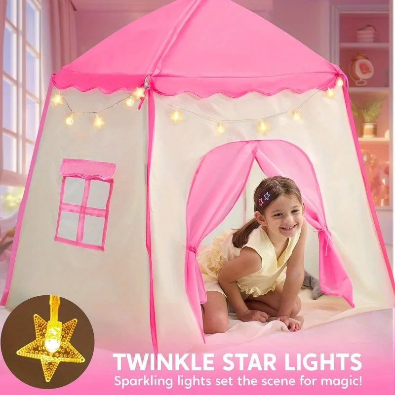 Pink Princess Tent for Girls with LED Star Lights Large Playhouse Kids Castle Play Tent for Children Indoor Outdoor Games