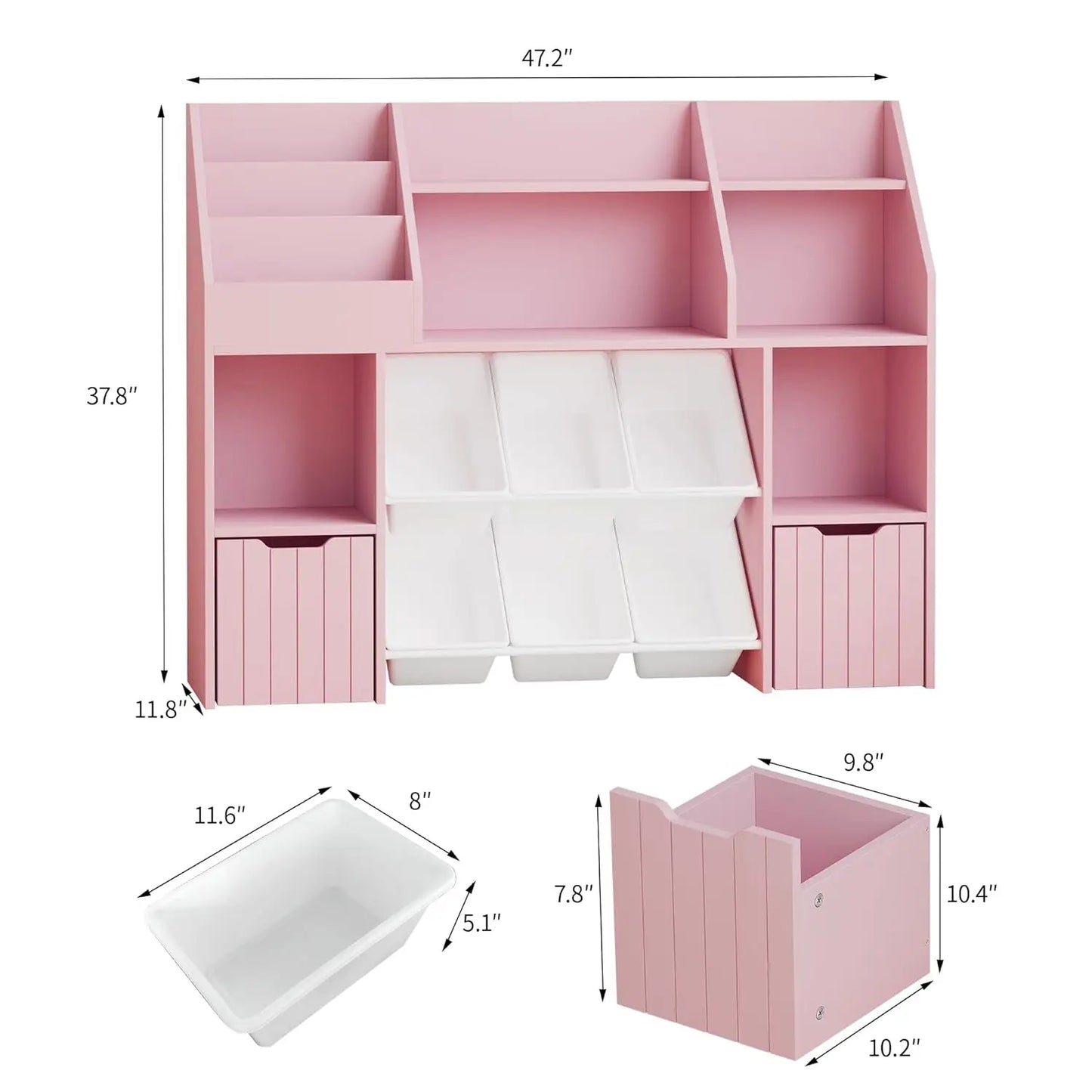 Wooden Kids Bookcase Toy Storage Organizer 2 Drawers 6 Baskets Anti-Tip Children Room Shelf Customized