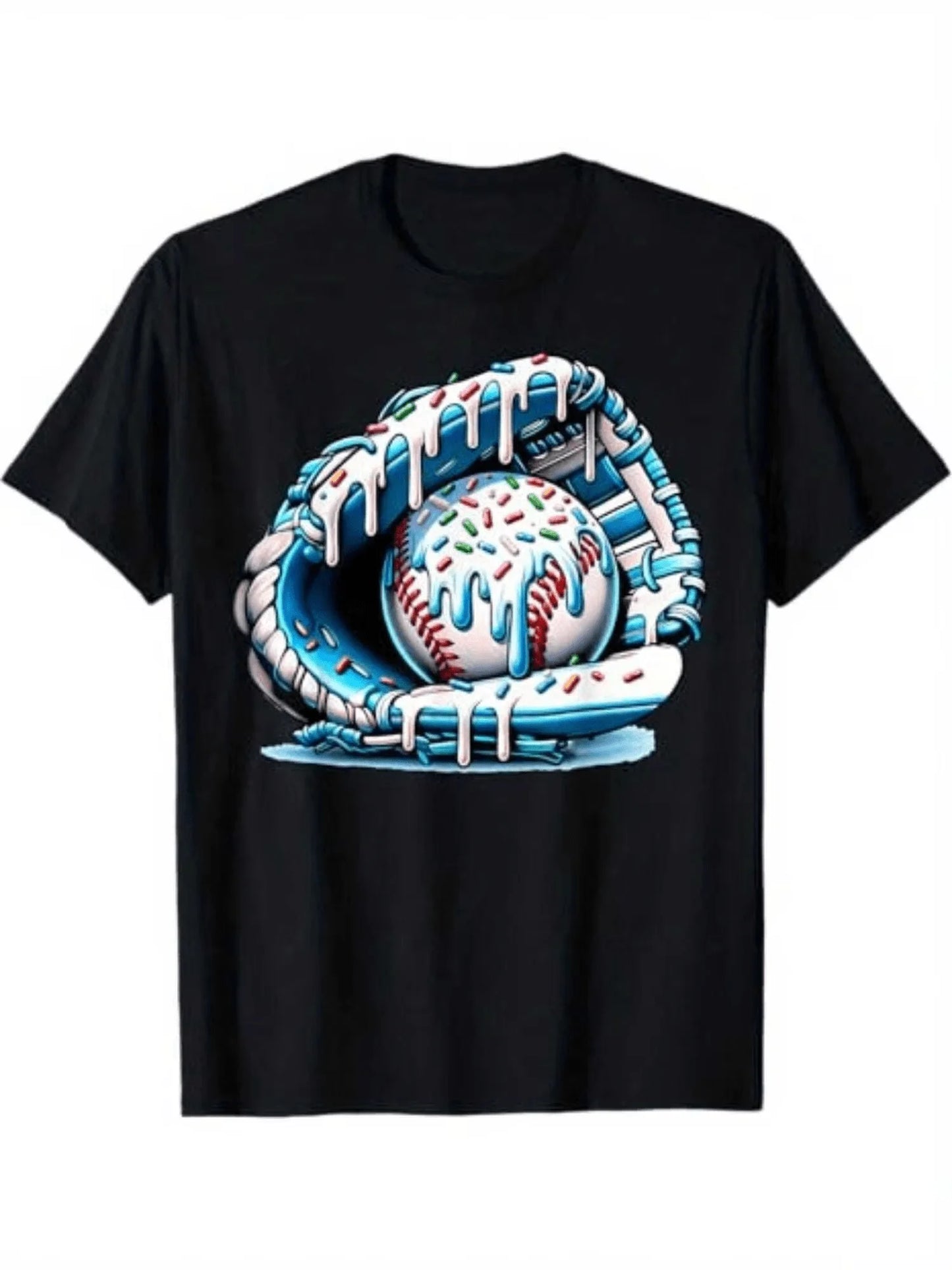Casual Style For Both Boys And Girls Family Matching Shirts, Baseball Glove And Ball With Donut Glaze Design, Summer Outdoor Spo