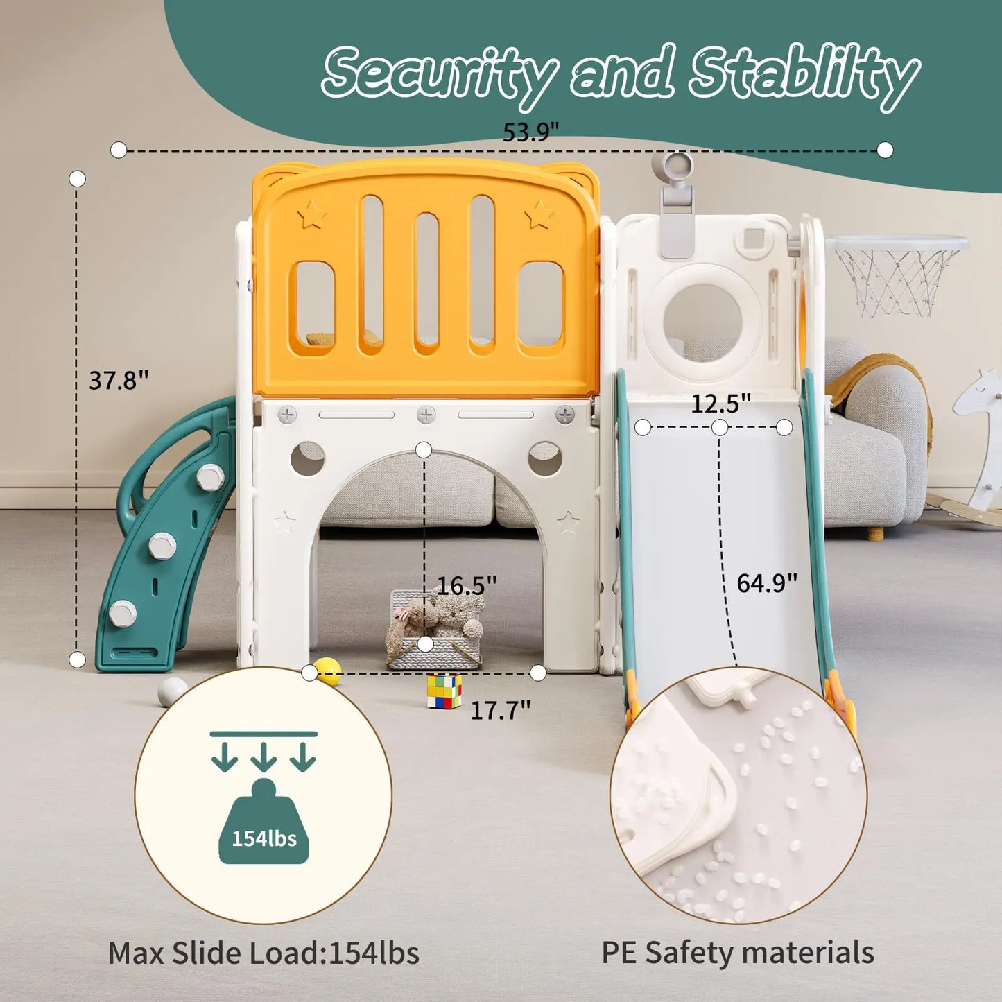 8 in 1 Toddler Slide for Toddlers Age 1-3, Extra-Long Slide with Basketball Hoop Indoor and Outdoor Baby Climber Playset Playground Freestanding Slide