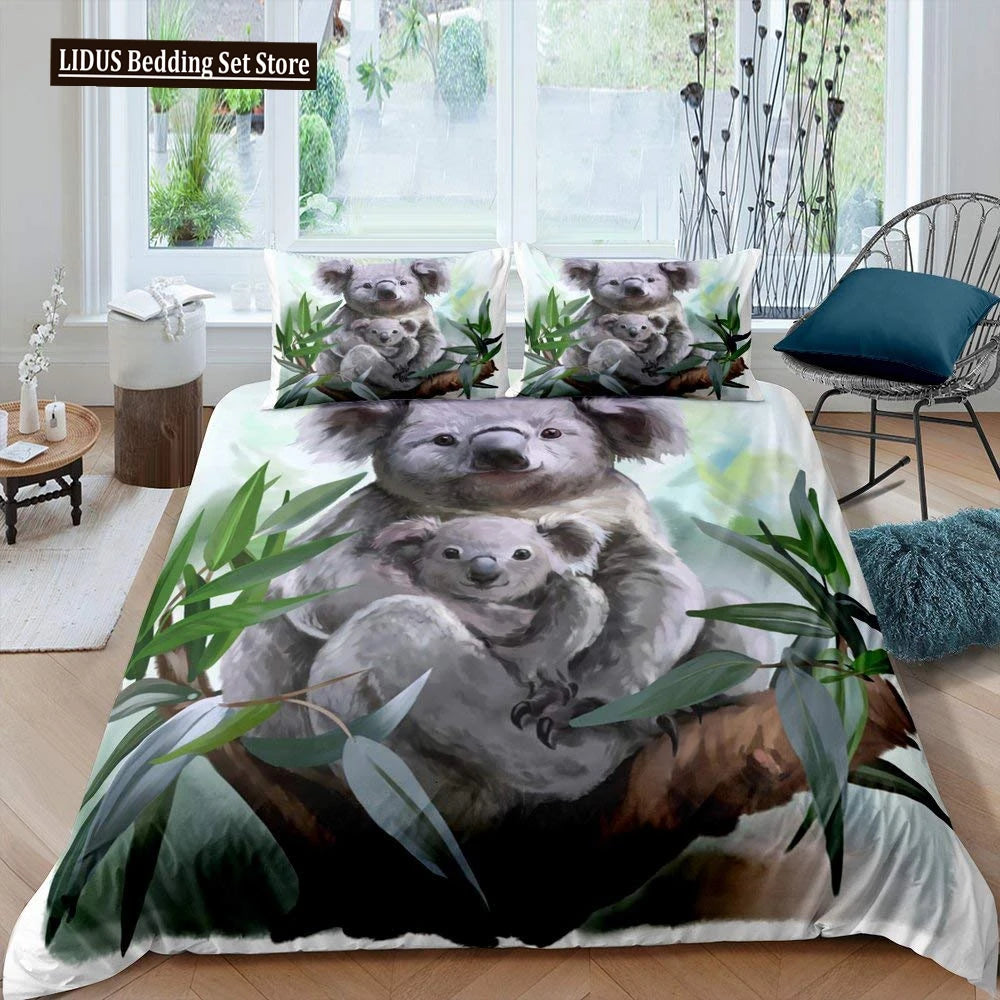 Koala Duvet Cover Set Children Cute Animal Print Bedding Set,Boys Girls Rainbow Butterfly Comforter Cover Floral Flowers Bed Set