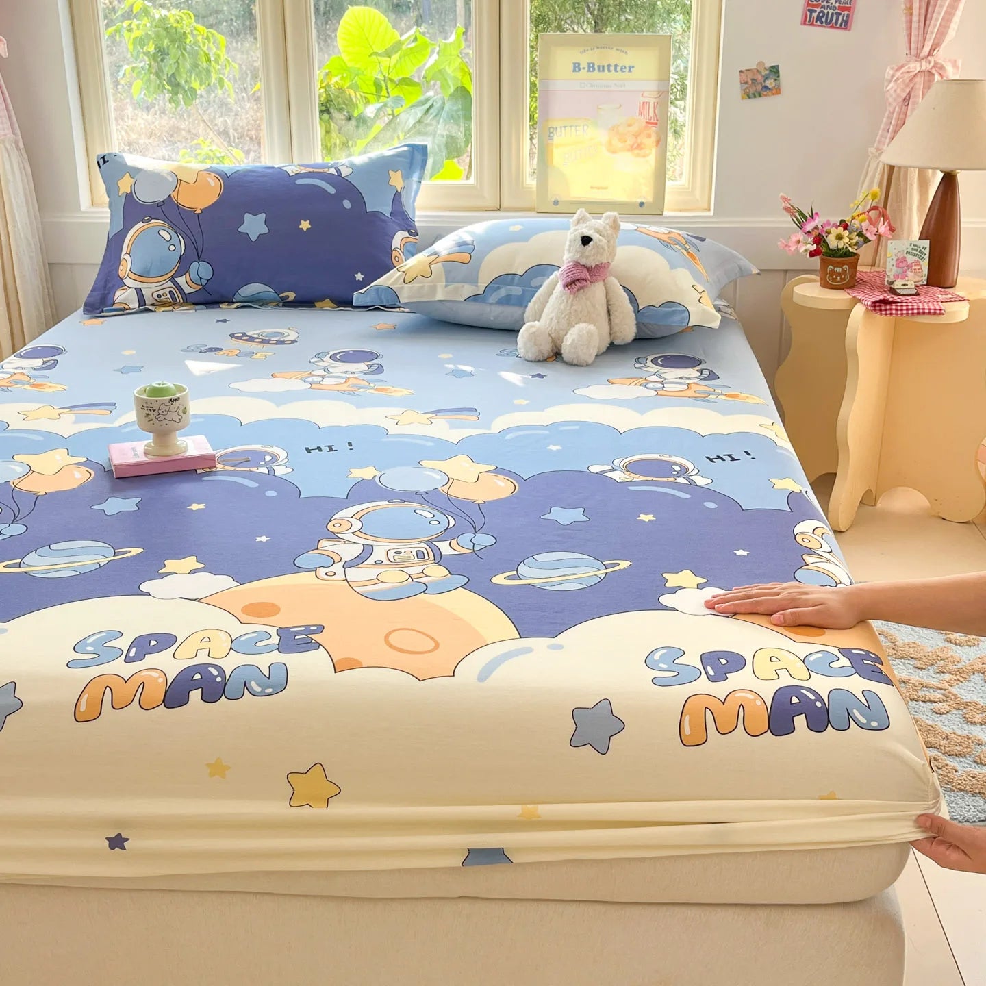 Cartoon Space Astronaut Fitted Sheet 100% Cotton Mattress Cover for Adults Kids Deep Pocket Elastic Bed Sheets and Pillowcases