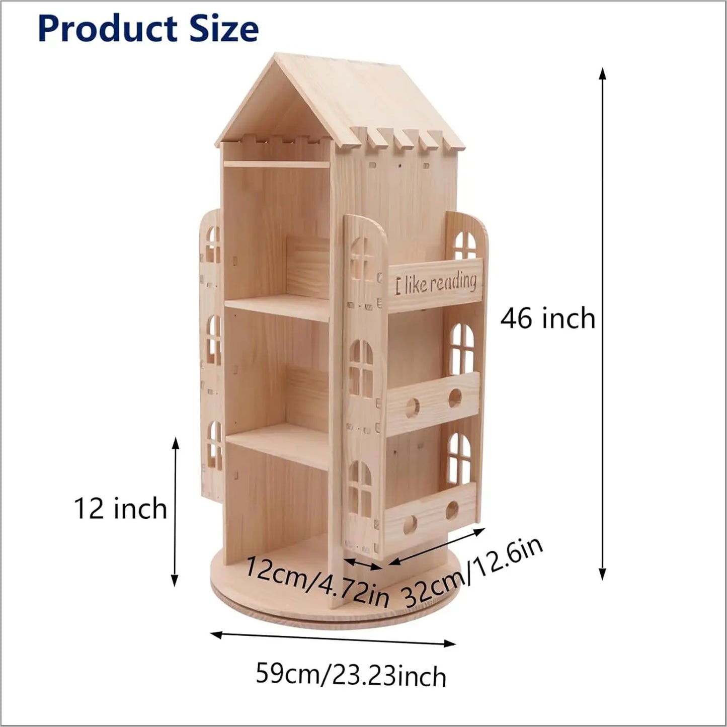 Large Rotating 360° Wood Castle Floor Standing Bookcase Kids Playroom Storage Shelf, Customized