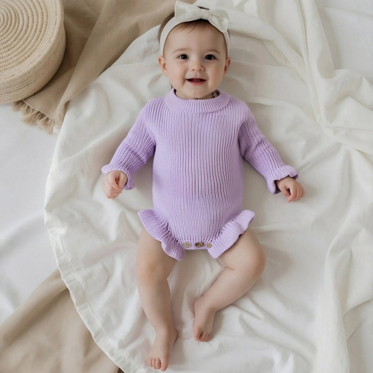 Suefunskry Newborn Baby Fall Winter Knitted Sweater Romper Solid Color Long Sleeve Round Neck Ruffled Sweater Jumpsuit