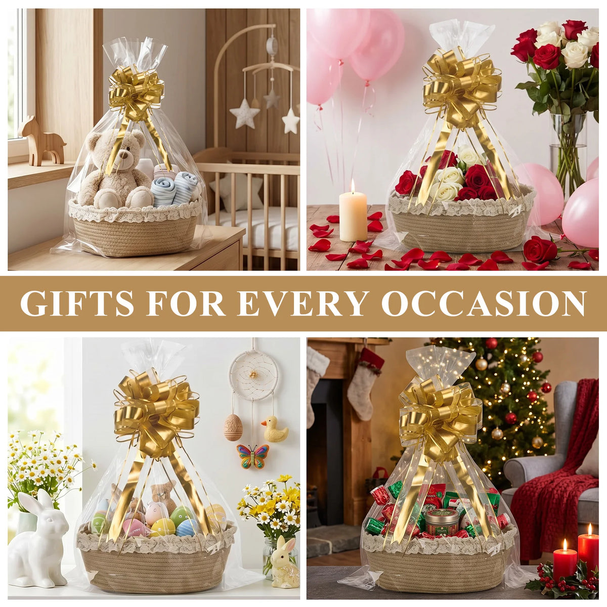 `4 Pack Cotton Rope Storage Baskets with Lace Trim, Woven Oval Organizer Bins with Gift Bags for Home Decor Baby Shower Gifts`