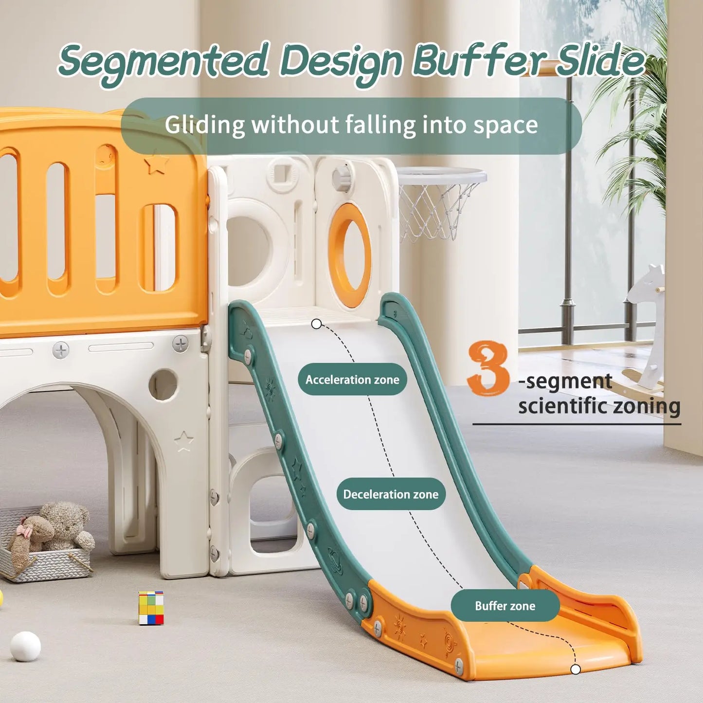 8 in 1 Toddler Slide for Toddlers Age 1-3, Extra-Long Slide with Basketball Hoop Indoor and Outdoor Baby Climber Playset Playground Freestanding Slide