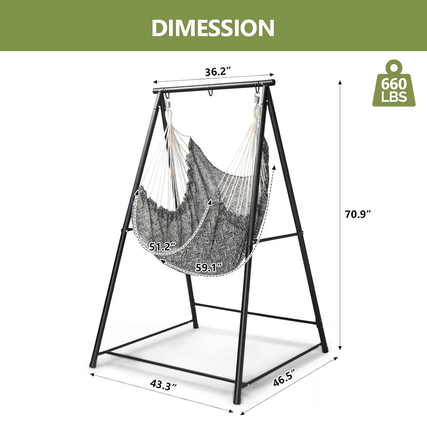 Portable 112x113x180cm Steel Hammock Chair Stand with Swing Seat for Indoor Bedroom Patio Balcony Garden, Customized