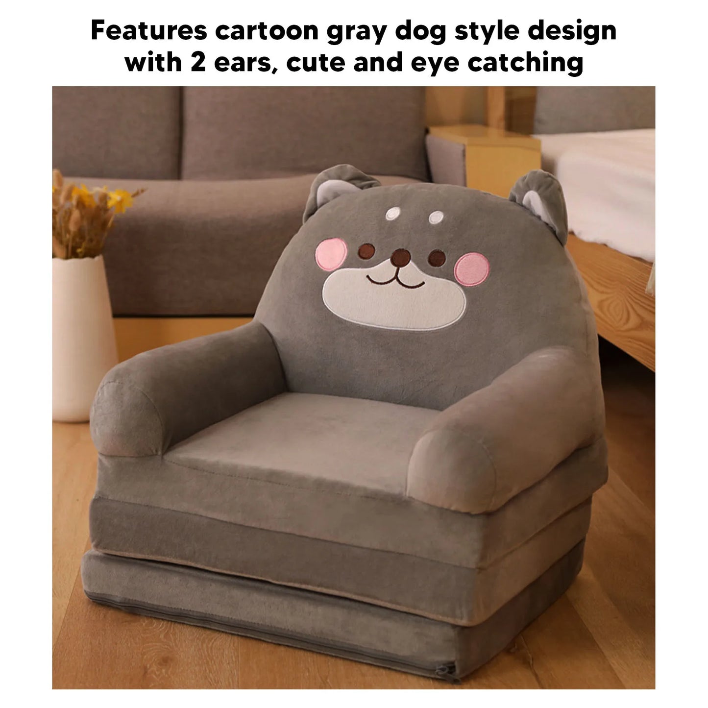 Couch Kids Sofa Cartoon Gray Dog  Foldable Wide Handle Soft Breathable Toddler Chair for Reading Relaxing Sleeping